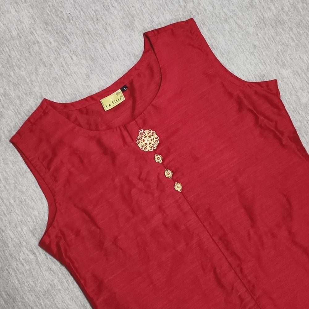 La Fille Indian Hamdmade Red & Gold Kurta Tunic Tank Sleeveless Blouse